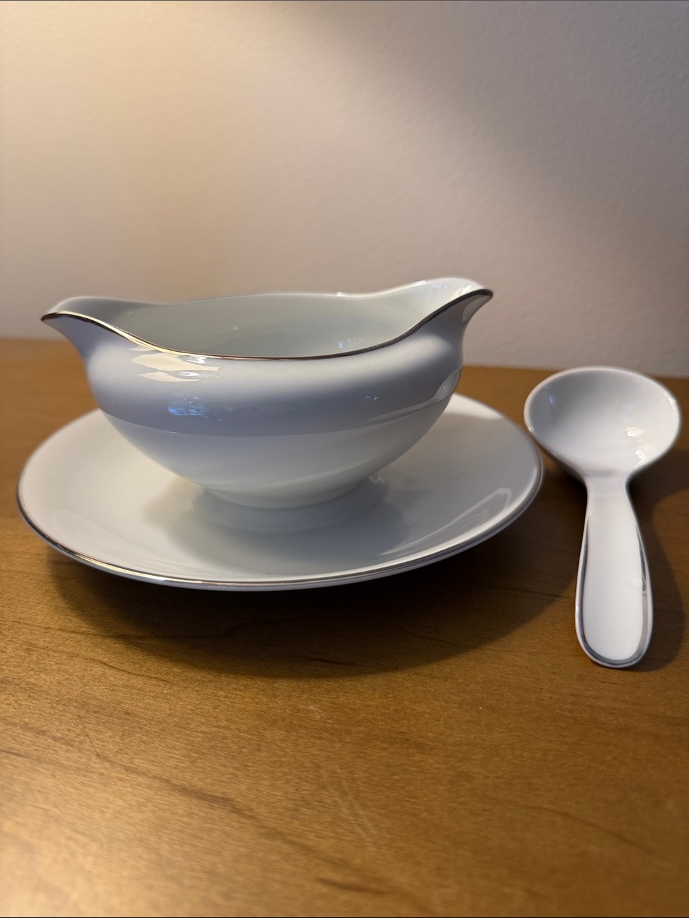 Vintage Rose China Vida Pattern Gravy Boat with Attached Plate, Including Ladle